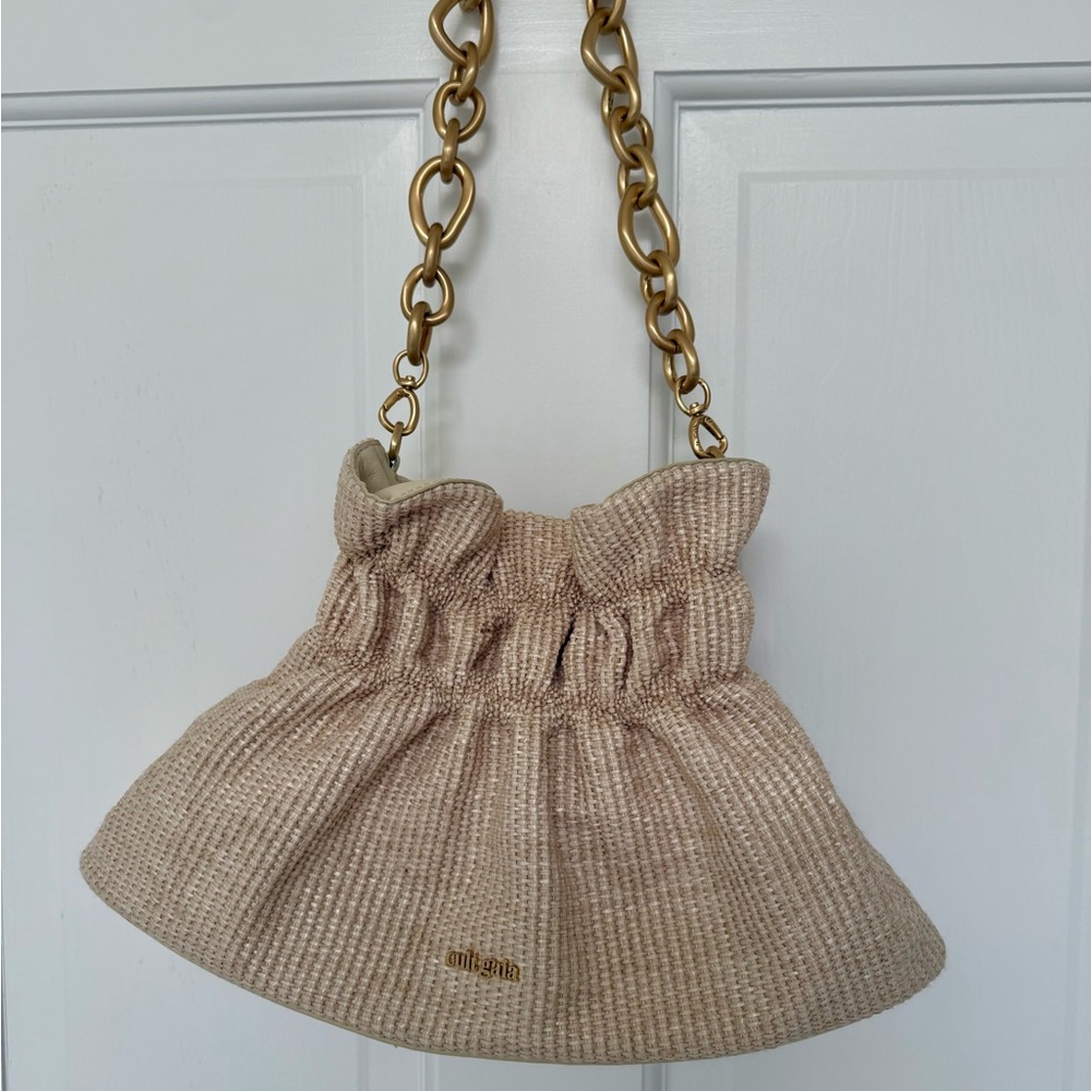 Cult Gaia Straw Woven Shoulder Bag with Gold Chain